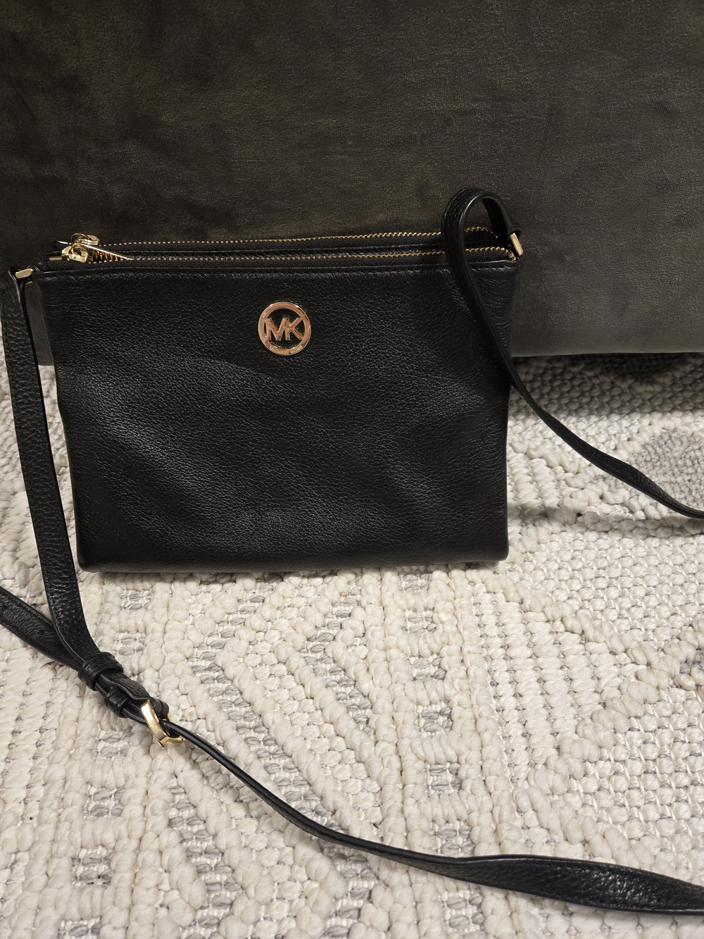 Michael Kors Black Pebbled Leather Crossbody with Gold MK Emblem